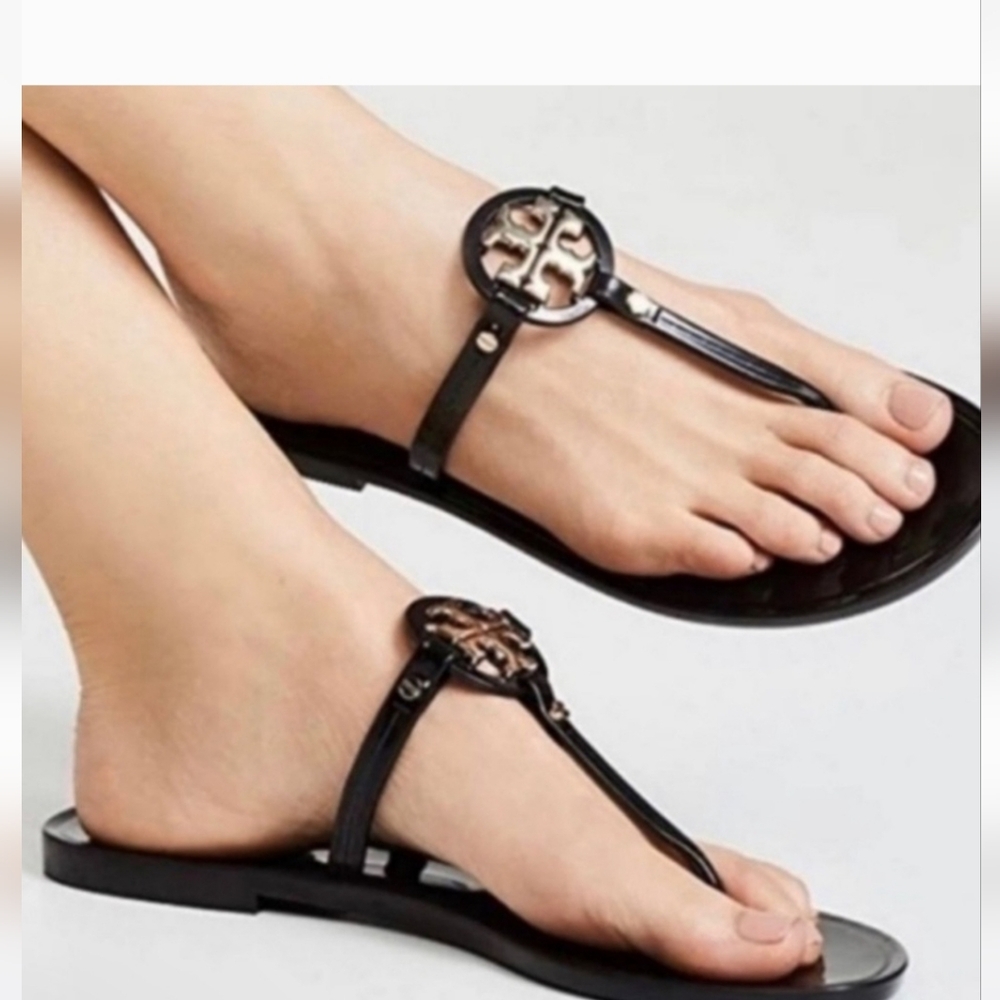 Tory Burch  Mini Miller Flat Jelly Black Sandals with Gold Emblem Sz 8 M - Picture 9 of 9